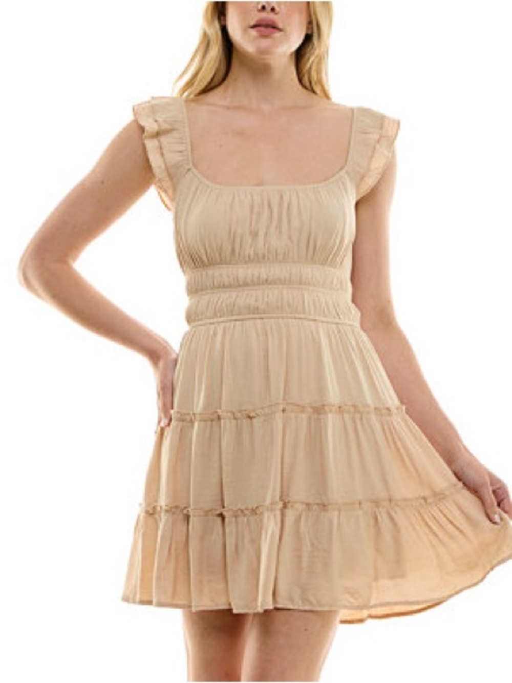 Trixxi Beige Tan Smocked Waist Ruffled Square-Neck Mini Sleeveless Dress L/ XL